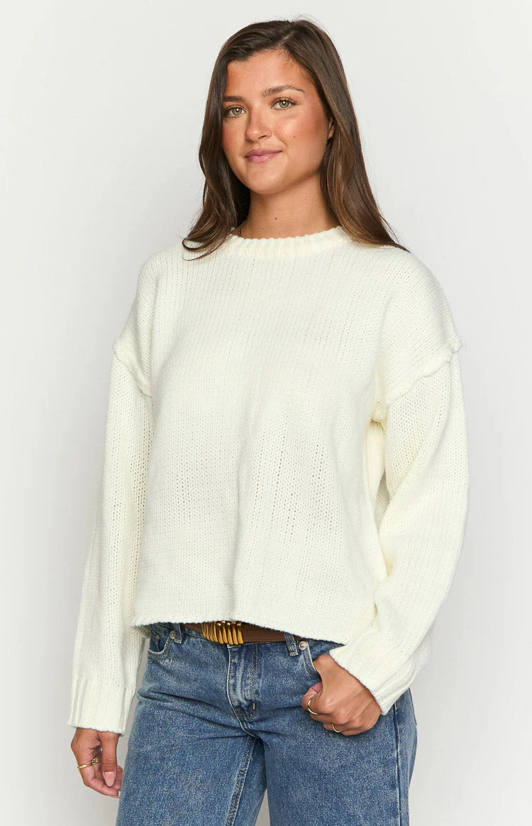 Edwina Cream Raw Edge Knit Sweater | Beginning Boutique (US)