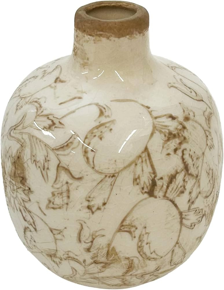 Decorative Round Single Stem Heirloom Flower Vase, 4.5 Inch Ceramic, Beige Floral Swirl Design | Amazon (US)