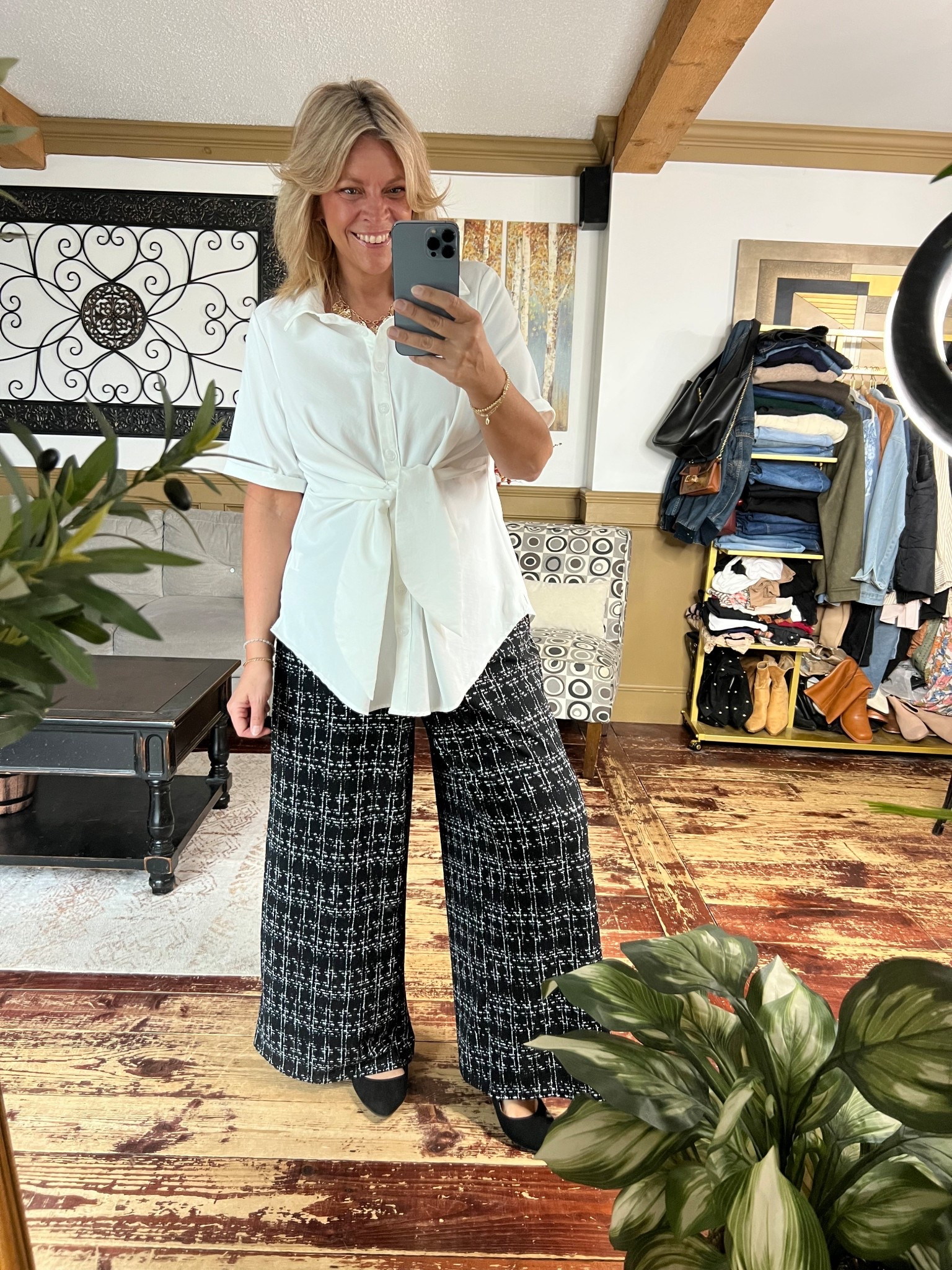 Workwear outfit. Size 12 in tie wait blouse and size 14/16 in wide leg pants 

#LTKOver40 #LTKWorkwear #LTKMidsize