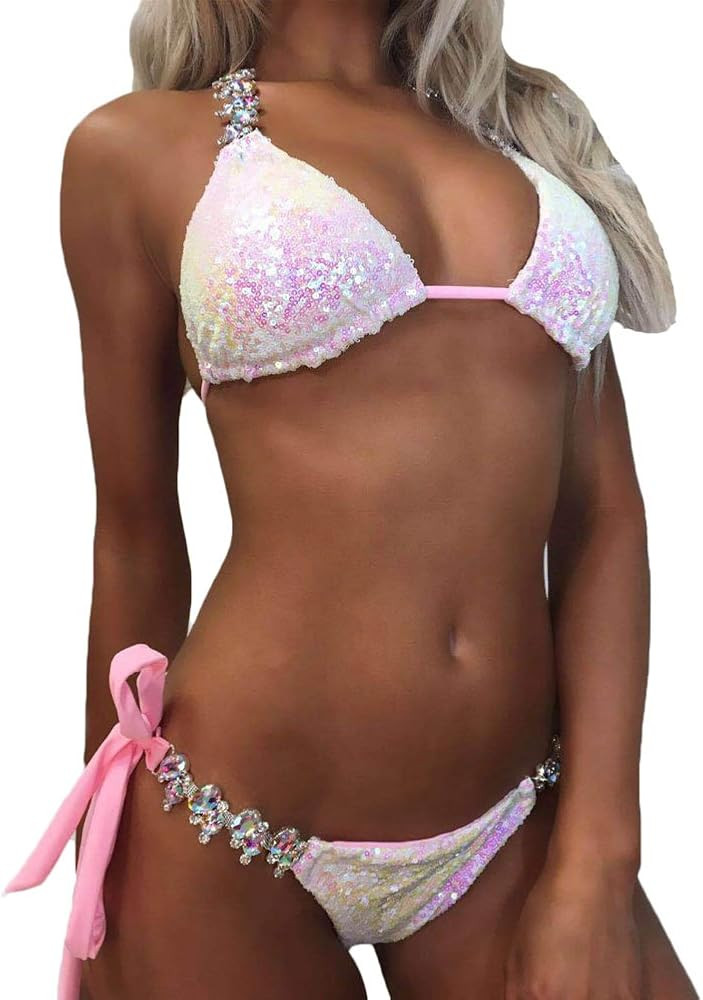 lisenraIn Women Sexy Two Piece Swimsuits Rhinestone Glitter Sequin Bathing Suit Side Tie Brazilia... | Amazon (US)