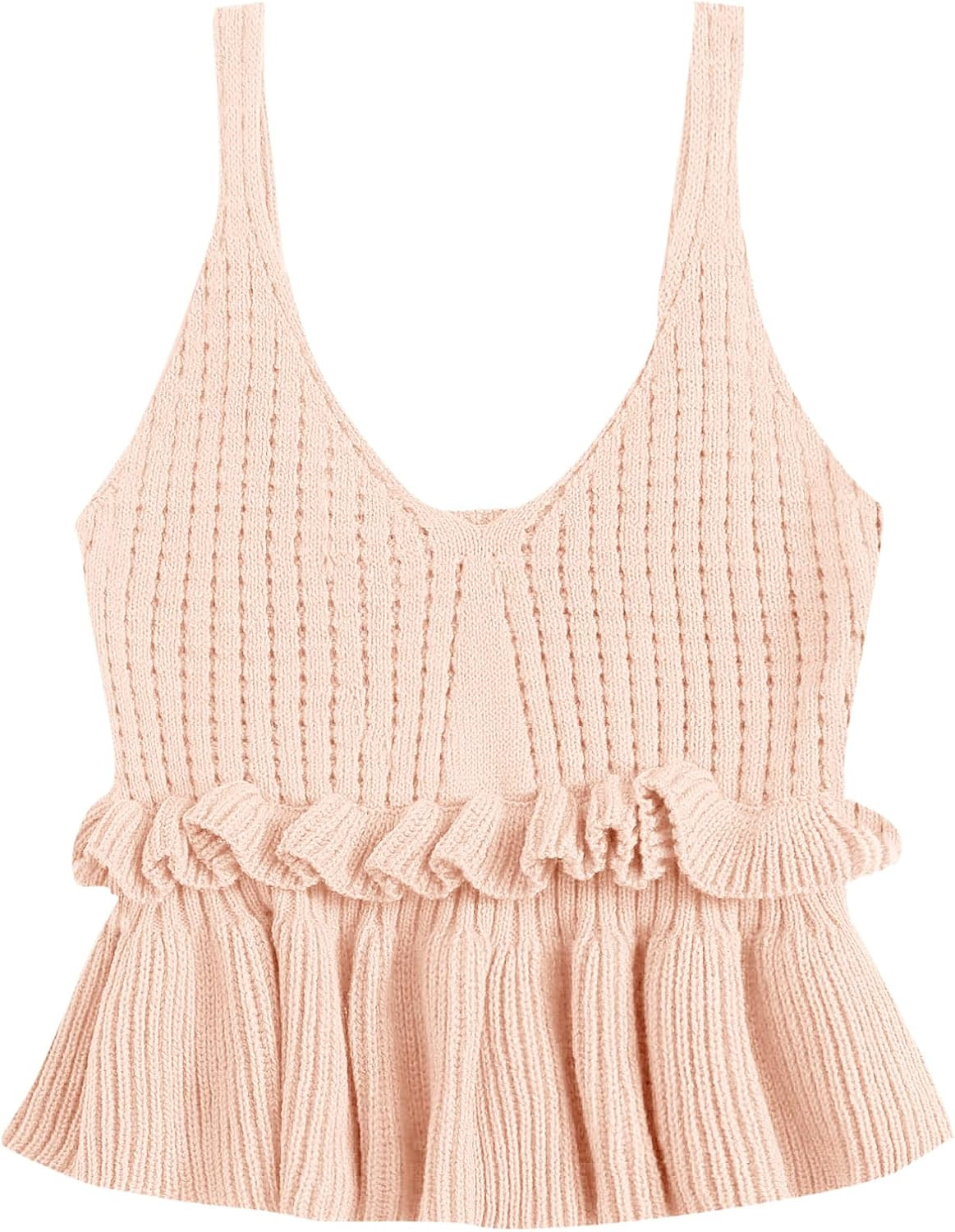 SweatyRocks Women's Casual Knit Top Sleeveless Ruffle Hem V Neck Peplum Crop Tank Top | Amazon (US)
