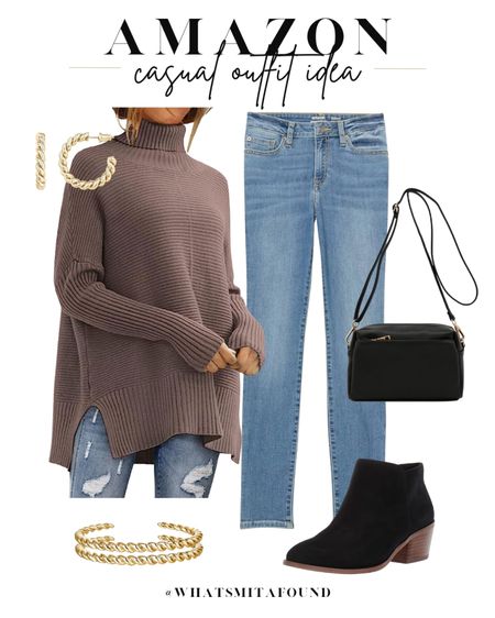 Amazon outfit idea, fall outfit idea, casual outfit idea, oversized sweater, fall sweater, mock neck sweater, turtleneck sweater, bat wing sweater, black booties, ankle booties, fall booties, crossbody purse, black purse, black crossbody, skinny jeans, light wash skinny jeans, twisted hoops, gold hoops, twisted bracelet, gold bracelet 

#LTKfindsunder50 #LTKitbag #LTKshoecrush