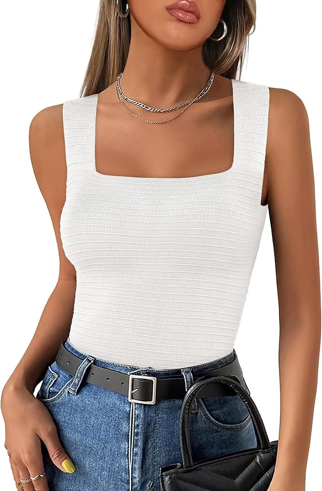 ANRABESS Tank Tops for Women 2025 Summer Square Neck Rib Knit Sleeveless Basic Slim Fit Shirts Ca... | Amazon (US)