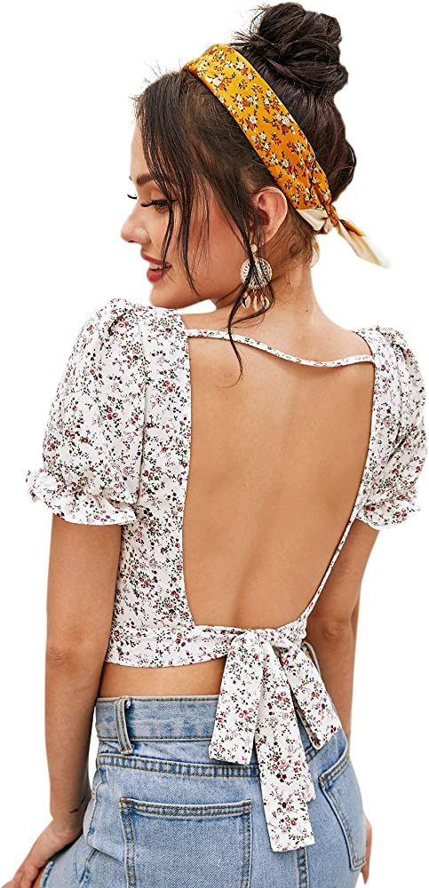 Floerns Women's Floral Print Square Neck Backless Tie Back Crop Top Blouse | Amazon (US)