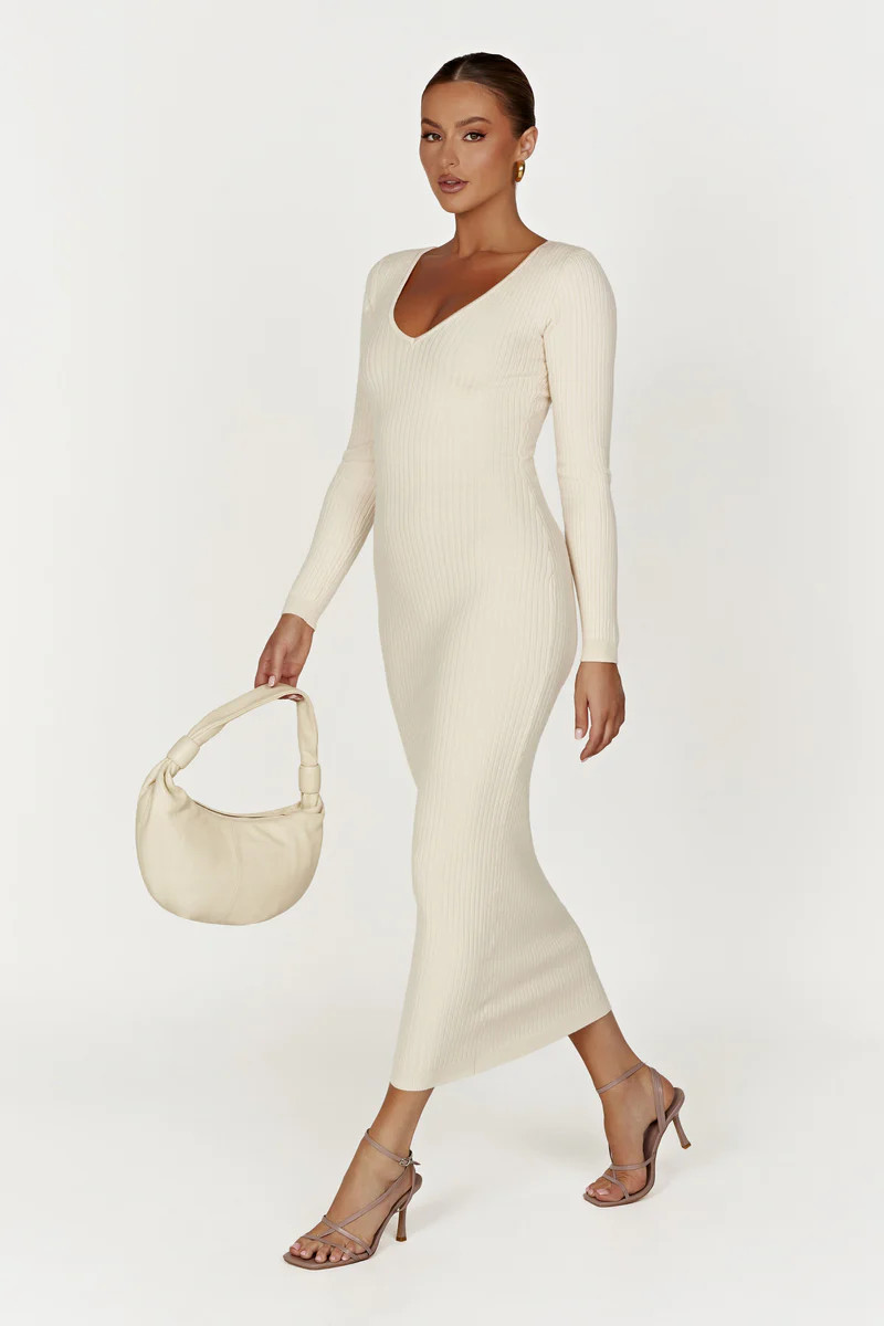 Nina Long Sleeve Knit Maxi Dress - Cream | MESHKI US