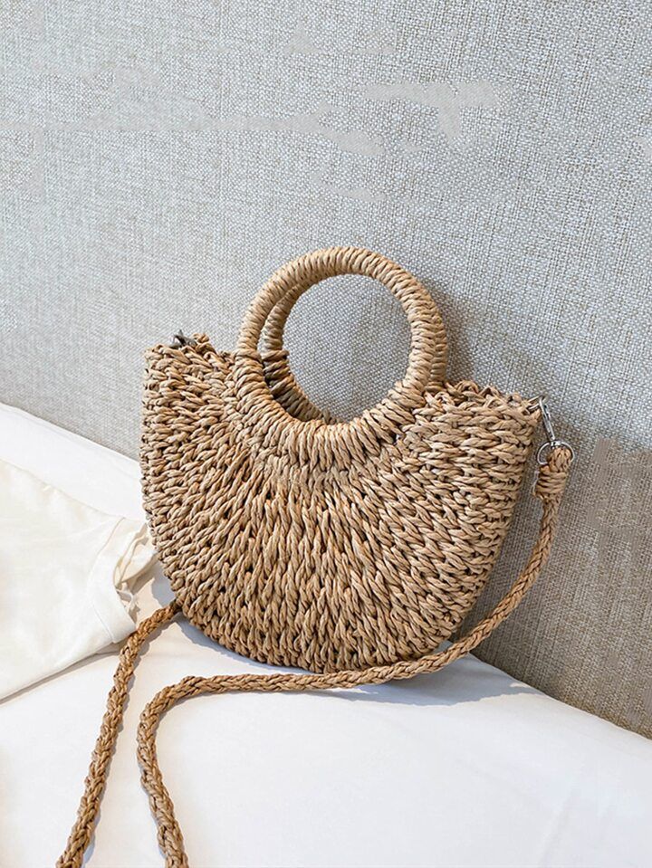 Lightweight Half-Round Woven Straw Bag, Women's Summer Crossbody Bag, Casual Beach Handbag For Ho... | SHEIN