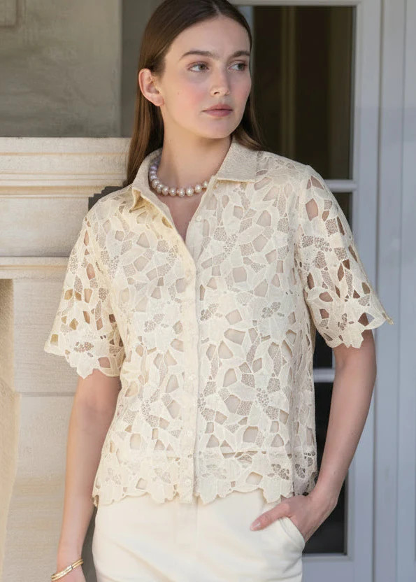 Carla Collared Button Down Short Sleeve Lace Top - Cream | Benaar La