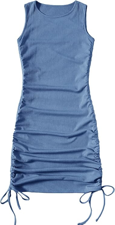 SheIn Women's Ruched Sleeveless Mini Bodycon Dress Drawstring Tie Side Round Neck Short Dresses | Amazon (US)