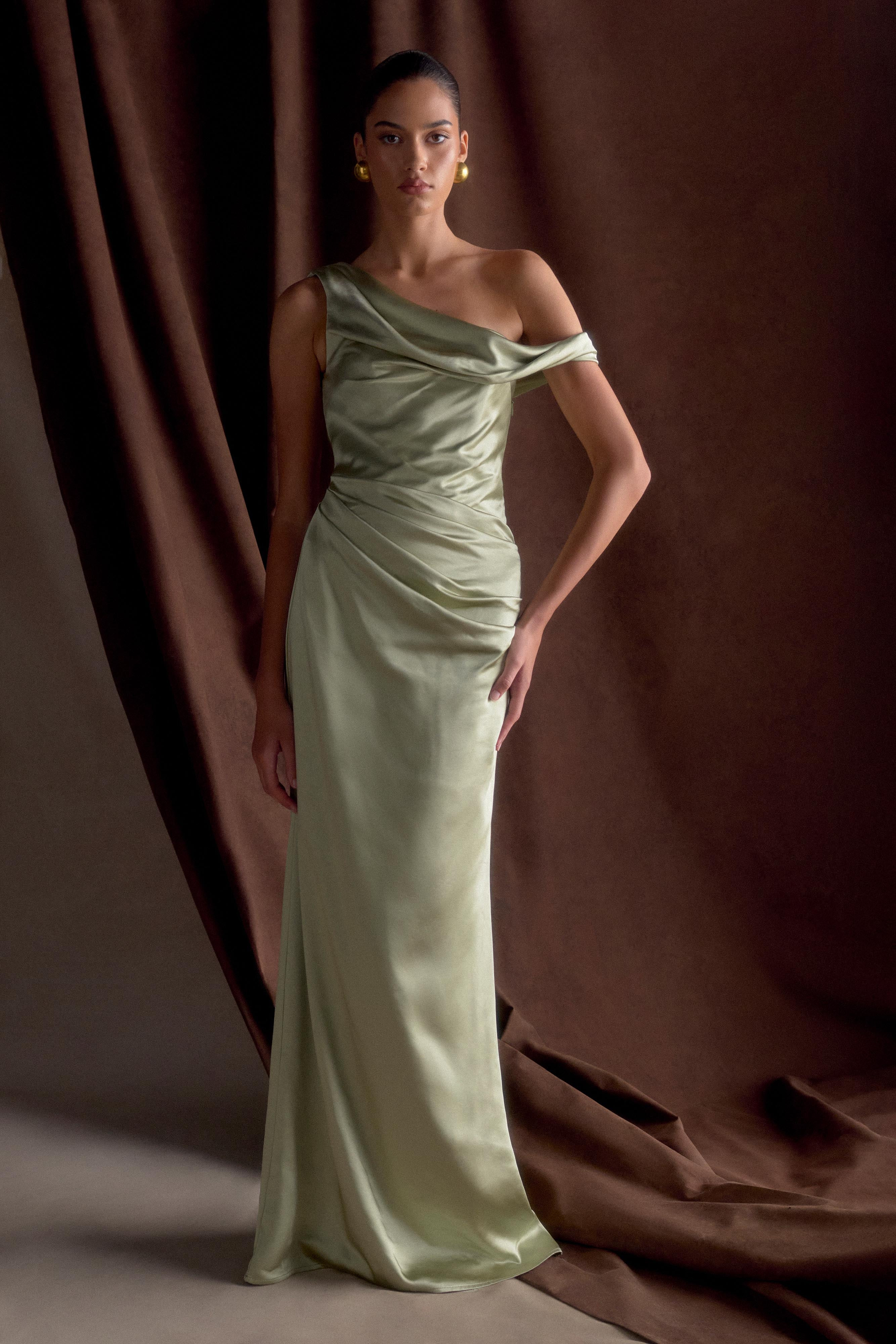 Off Shoulder Satin Maxi Dress - Sage | MESHKI US