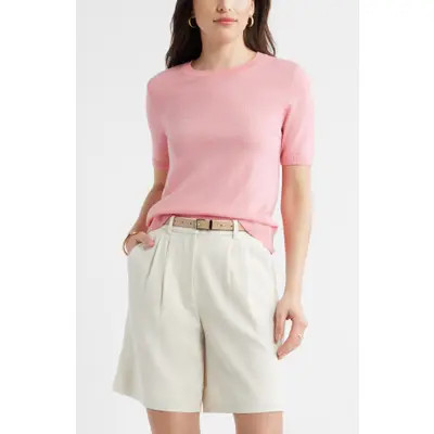 caslon(r) Short Sleeve Wool Blend Sweater Top in Tan Camel Dark Heather at Nordstrom, Size Small | Nordstrom