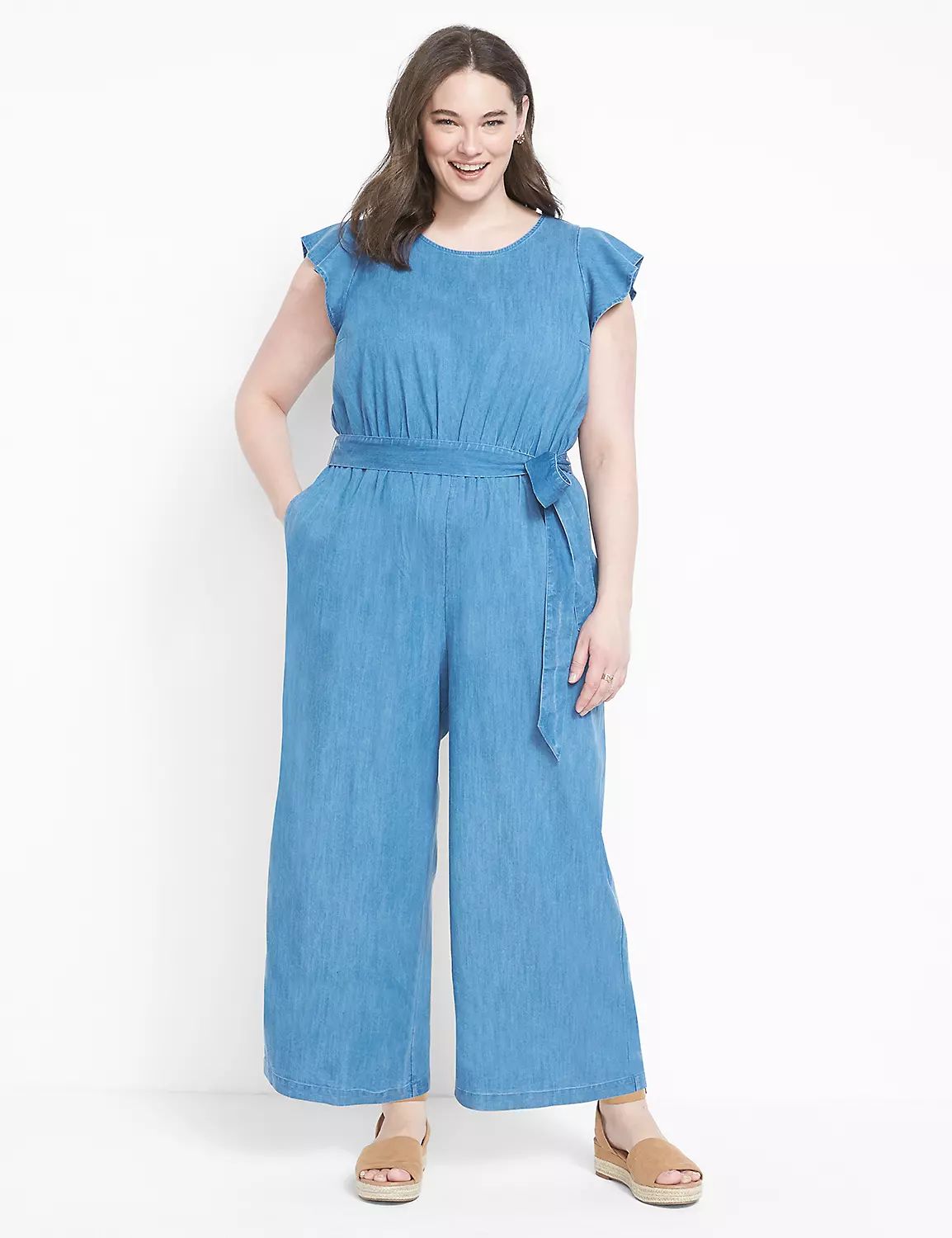 Cap Flutter-Sleeve Chambray Crop Jumpsuit | LaneBryant | Lane Bryant (US)