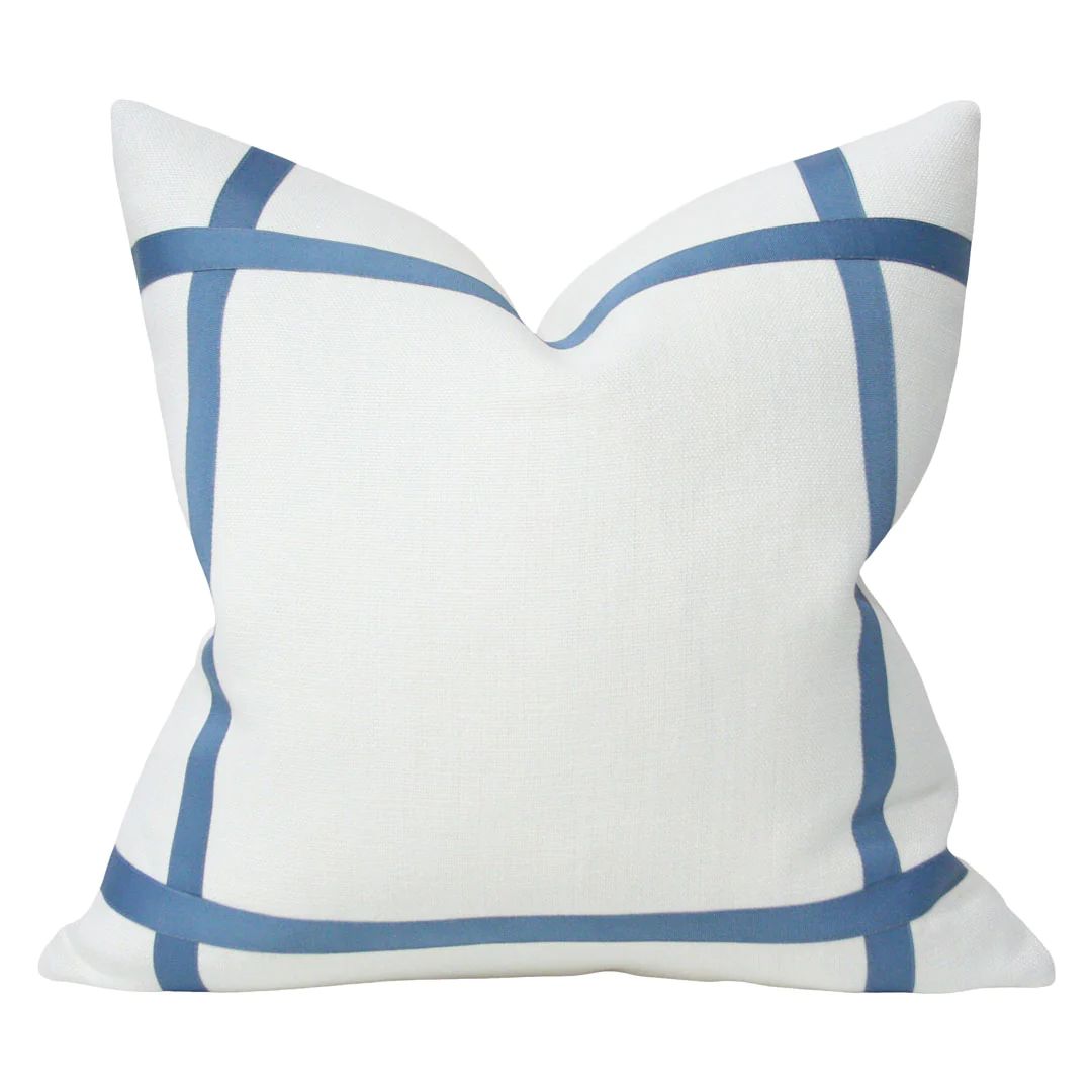 Cream Linen with Hampton Blue Ribbon Luxury Pillow | Arianna Belle