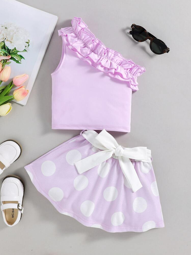 Toddler Girls One Shoulder Ruffle Trim Top & Polka Dot Print Belted Skirt | SHEIN