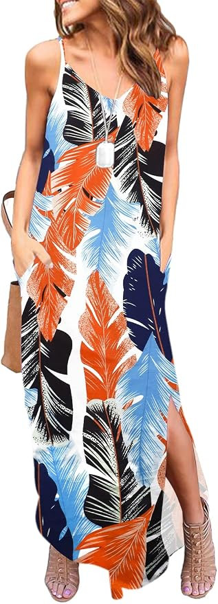 HUSKARY Women's Summer Casual Sleeveless V Neck Strappy Split Loose Dress Beach Cover Up Long Cam... | Amazon (US)