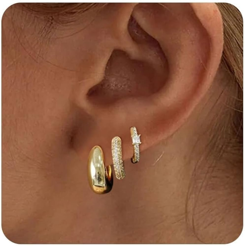 ASCOMY 3 Pairs Gold Hoop Earrings for Women Gold Earrings Set Twisted Huggie Hoops Earrings 14K G... | Amazon (US)