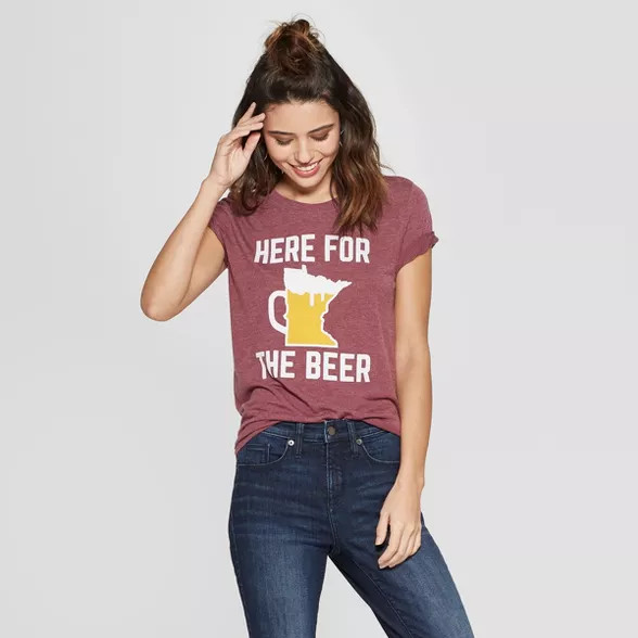 Women's Short Sleeve Here for the Beer Graphic T-Shirt - Awake Burgundy | Target