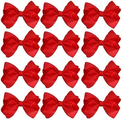 4 Inch Boutique Girls Hair Bows Hair Clips for Baby Girls Toddlers 12 Pcs Solid Color (Red) | Amazon (US)