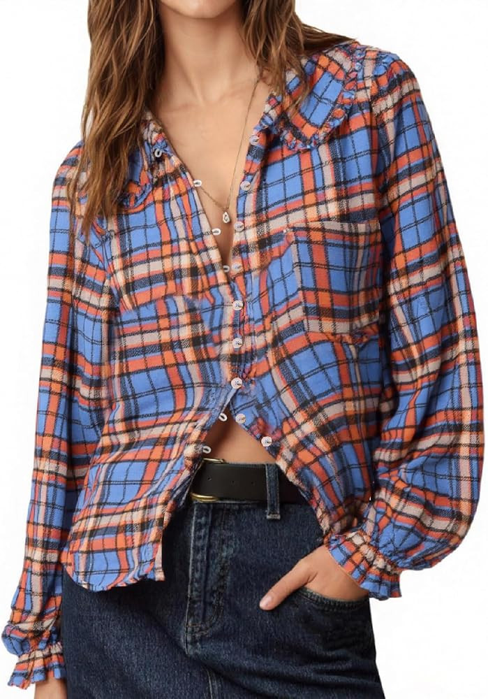 Tankaneo Womens Peter Pan Collar Button Down Shirts Long Sleeve Plaid Blouse Dressy Casual Fall T... | Amazon (US)