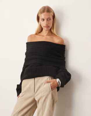 ARRANGE chunky rib knitted off shoulder jumper in black | ASOS (Global)