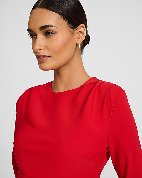 Crew Neck Long Sleeve Ruched Mini Sheath Dress | Express