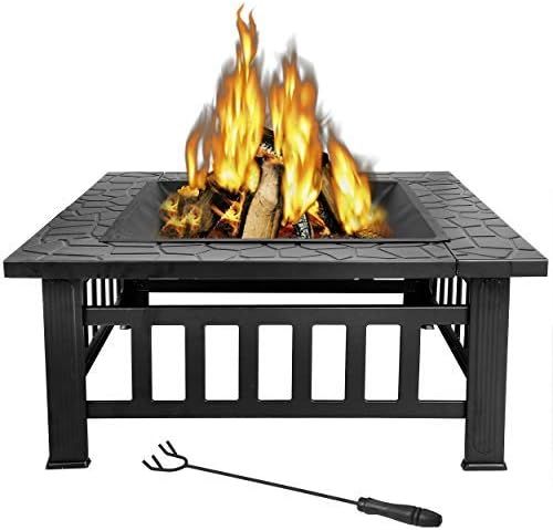 LEMY 32 inch Outdoor Square Metal Firepit Backyard Patio Garden Stove Wood Burning BBQ Fire Pit w... | Amazon (US)
