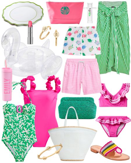 Pink and green, pink bathing suit, pink swimsuit, swim, one-piece, classic preppy style, green clutch, white beach bag, woven bag, rattan bag, straw bag, mommy and me, family matching, kids swim, green melamine plates, clear swan flamingo float, fun pool floats, coverup, swim cover, sarong, ric-rac, colorful sandals, beach trip, girls trip, summer vacation, summer style, beach style, beach bag 

#LTKswim #LTKSeasonal #LTKunder100