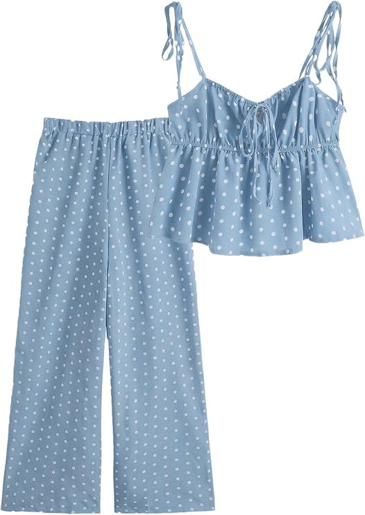 Verdusa Women's 2 Piece Polka Dots Matching Set Babydoll Top with Pants | Cute Tops, Wide Leg Pan... | Amazon (US)