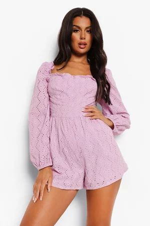 Long Balloon Sleeve Eyelet Romper | Boohoo.com (US & CA)