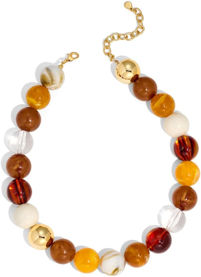 Chunky Beaded Choker Necklace for Women Boho Statement Necklace with Large Pearl Blue Brown Tone Resin Beads Summer Beach Jewelry Gifts | Amazon (US)