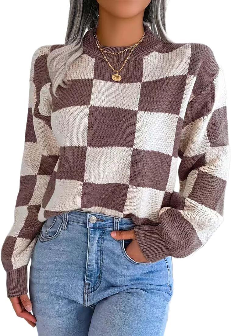 Women's Color Block Checkered Crew Neck Long Sleeve Y2K Plaid Knitted Pullover Sweater Tops Vinta... | Amazon (US)