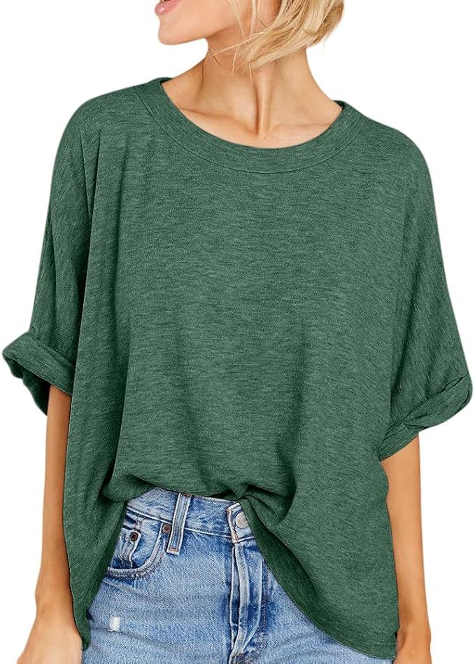 Langwyqu Womens' Short Sleeve Oversized Summer Crew Neck Loose Casual Tee T-Shirt | Amazon (US)