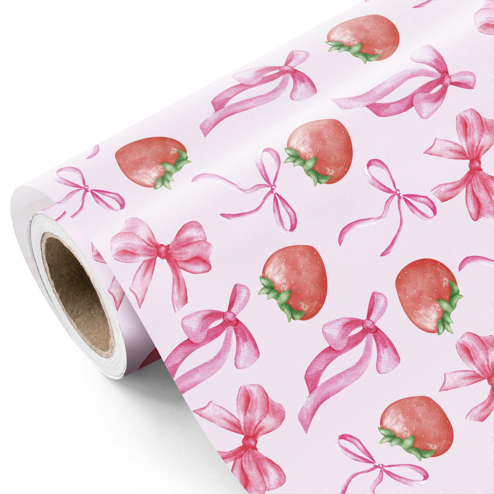 WRAPAHOLIC Strawberry Bow Wrapping Paper Roll - Mini Roll - 17 Inch x 16.5 Feet - Pink Bow and Sw... | Amazon (US)
