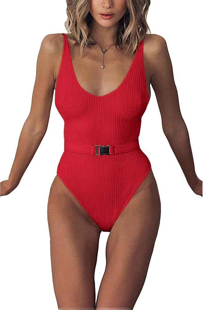Sexy Womens Monokini Scoop Neck One Piece Backless Cheeky Swimwear Semi Thong Bikini with Belt | Amazon (US)