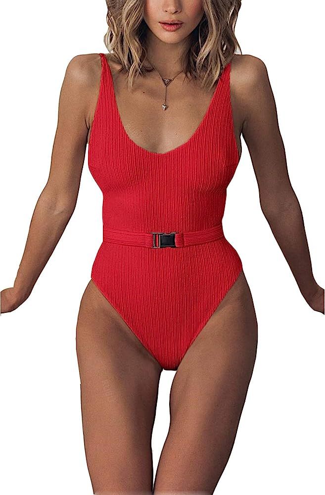 Sexy Womens Monokini Scoop Neck One Piece Backless Cheeky Swimwear Semi Thong Bikini with Belt | Amazon (US)