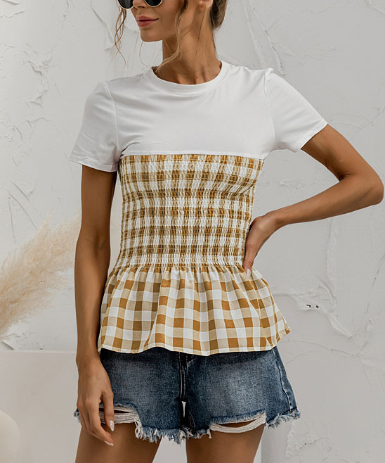 Coeur de Vague Women's Blouses Yellow - Yellow Plaid-Contrast Peplum Top - Women | Zulily