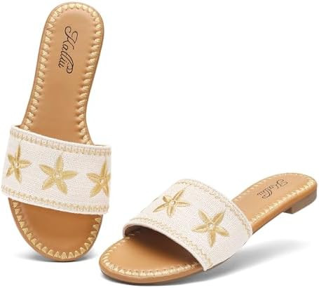 katliu Women's Flat Sandals, Boho Embroidery Floral Sandals, Vacation Slide Sandals | Amazon (US)