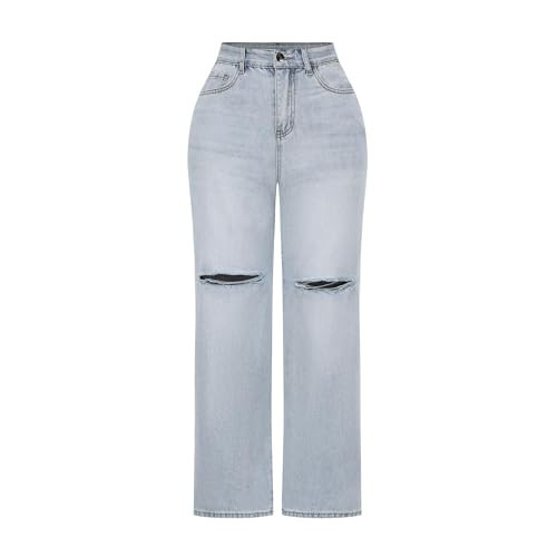 THUNDER STAR Womens High Waisted Wide Leg Jeans Stretchy Distressed Denim Pants 1#Light Blue XL | Amazon (US)