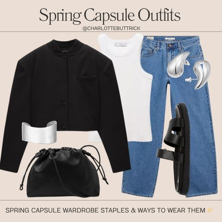 Spring capsule wardrobe outfit - blue wide leg jeans - black sandals - silver cuff bracelet - white tank top basic 

#LTKstyletip #LTKfindsunder100 #LTKeurope