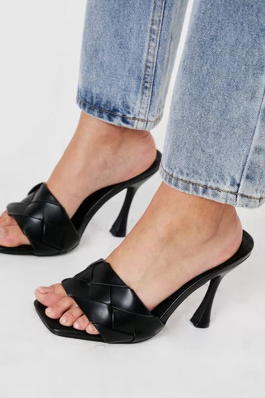 Wide Fit Faux Leather Woven Heeled Mules | Nasty Gal (US)