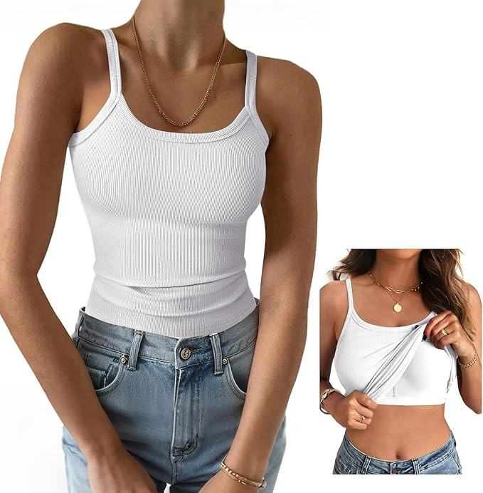 Women Built in Bra Tank Top Form Fitting Scoop Neck Ribbed Basic Padded Cami Shirts | Amazon (US)