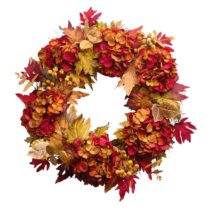 Orange Hydrangea Wreath, 22", Polyester, sold by At Home | At Home