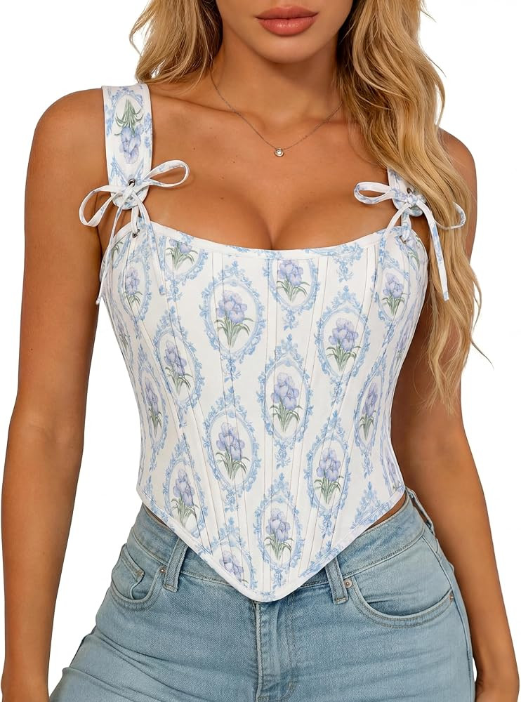 Scarlet Darkness Floral Corset Tops for Women Renaissance Corset Boned Lace Up Bustier Tops | Amazon (US)