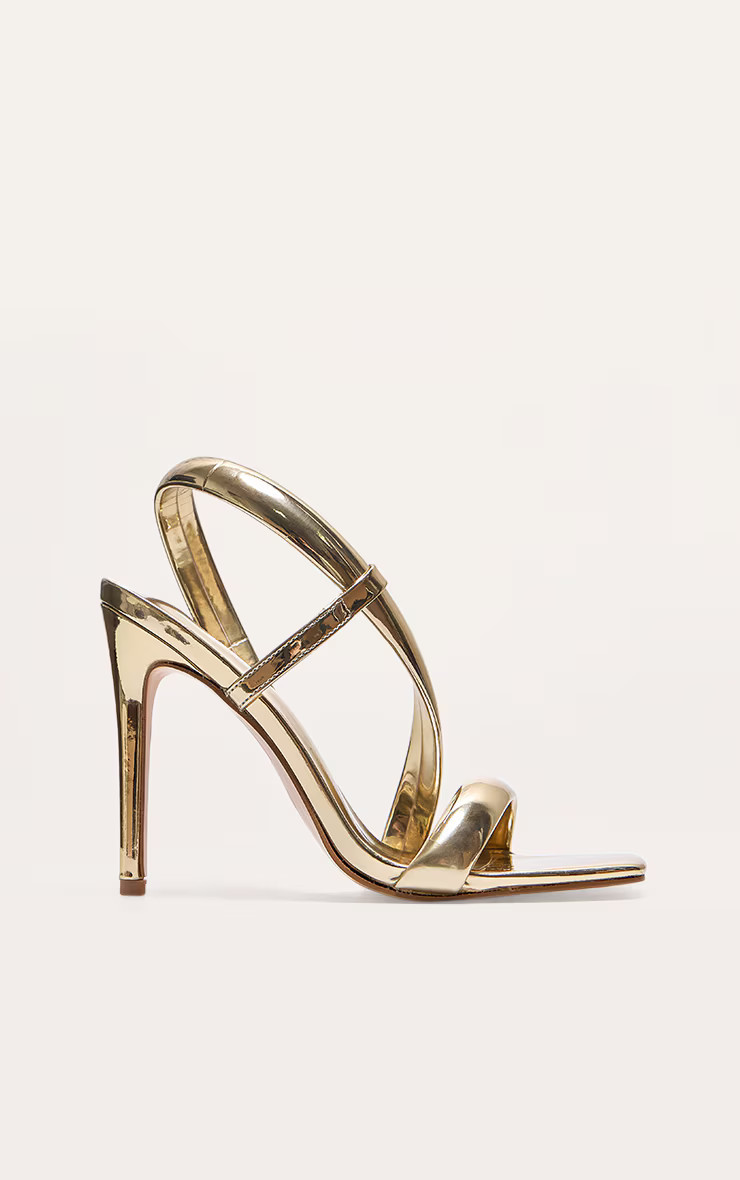 Gold Metallic PU Square Toe Padded Asymmetric High Heeled Sandals | Pretty Little Thing (Australia & New Zealand)