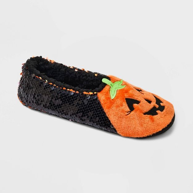 Women's Pumpkin Flip Sequin Pull-On Slipper Socks with Grippers - Hyde & EEK! Boutique™ Black/O... | Target