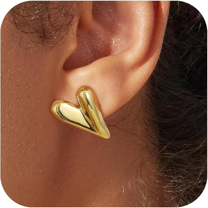 Heart Stud Earrings for Women 18K Gold Plated Heart Studs Puffy Hearts Shaped Earring Chunky Hear... | Amazon (US)