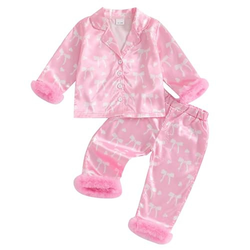 Toddler Baby Girl Heart Silk Pajamas Set Love Valentines Day Button Down Long Sleeve Shirts and Pants Satin Pj Sets (Bowknot Dark Pink, 6-12 Months) | Amazon (US)