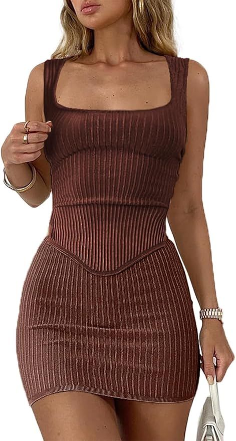 CHYRII Womens Sexy Summer Two Piece Outfits Square Neck Going Out Crop Top Bodycon Skirt Sets Min... | Amazon (US)