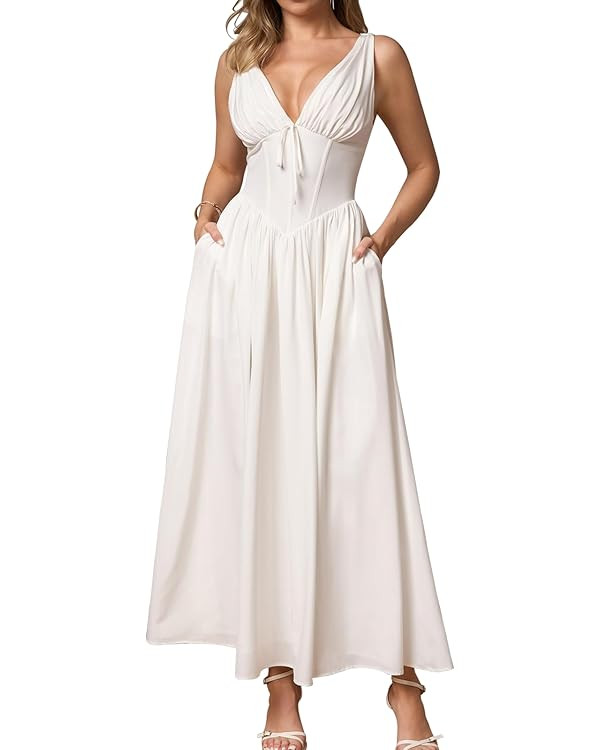 GLNEGE Women's Summer Corset Midi Milkmaid Dress Casual V Neck Flowy A Line Sundress Wedding Gues... | Amazon (US)