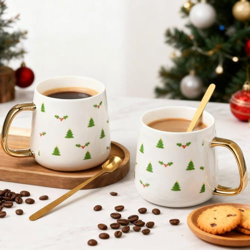 Potchen 2 Pcs Christmas Mugs Set Gift for Couple Parents, Coffee Cup with Golden Handle and Spoon, 10 oz Xmas Ceramic Tea Hot Cocoa Cups Gift for Holiday Family Home Kitchen Decor(Christmas Berries) | Amazon (US)