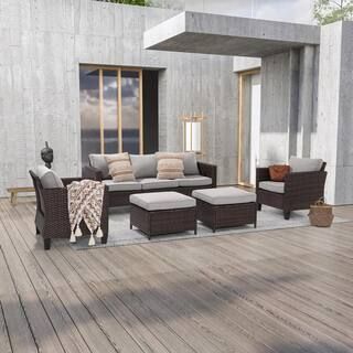 JOYESERY 5-Piece Outdoor Patio Conversation Set Widened Back and Arm Brown Rattan 3-Seat Sofa 2 O... | The Home Depot